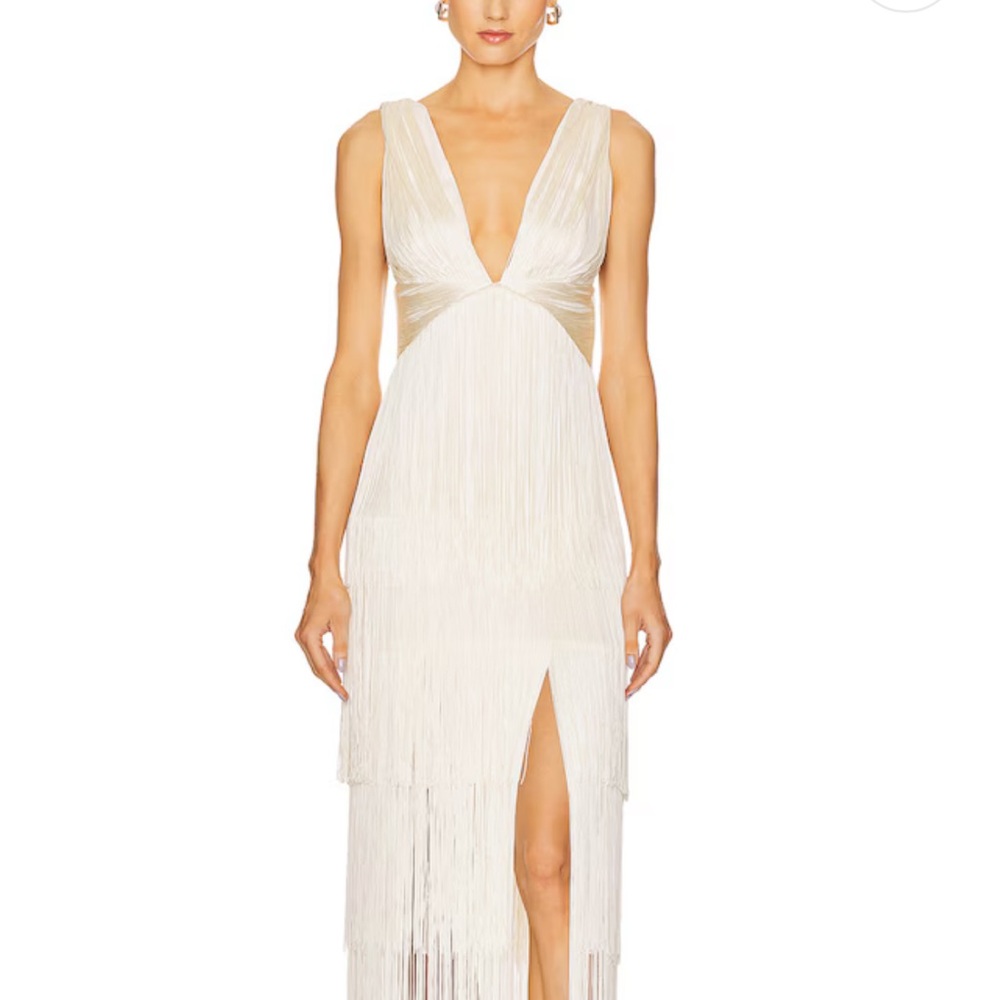 Elegant Ivory Fringe Midi Dress with Deep V